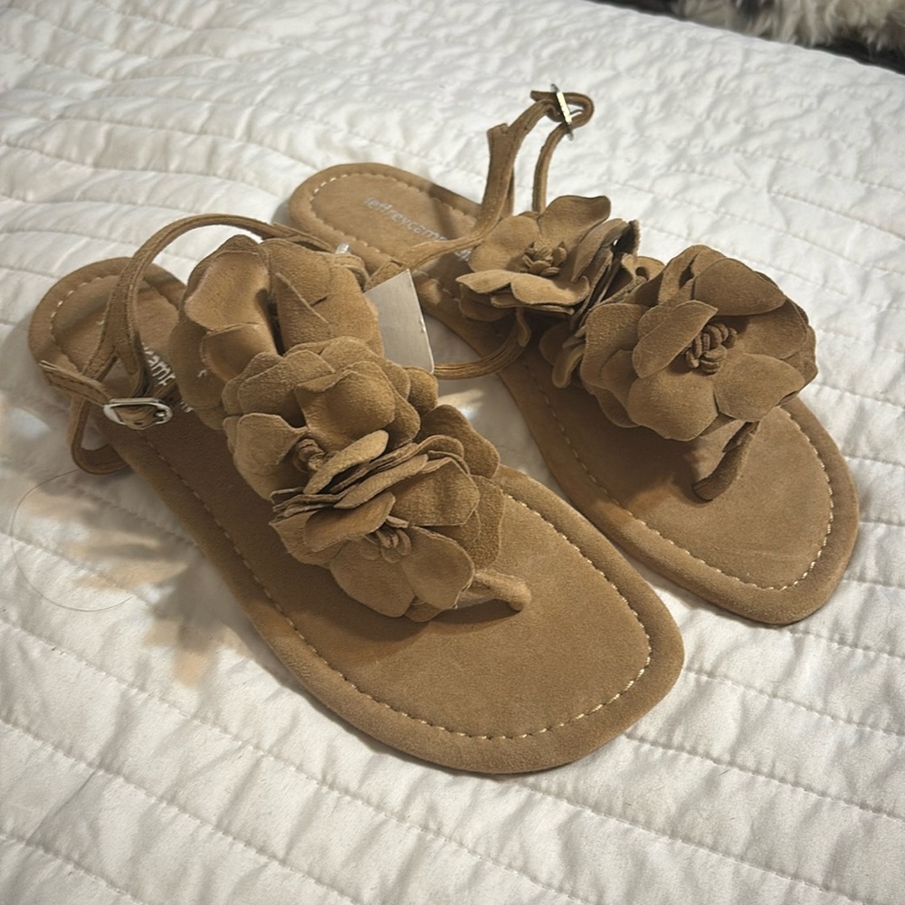 Jeffrey Campbell Tan Suede Floral Thong Sandals